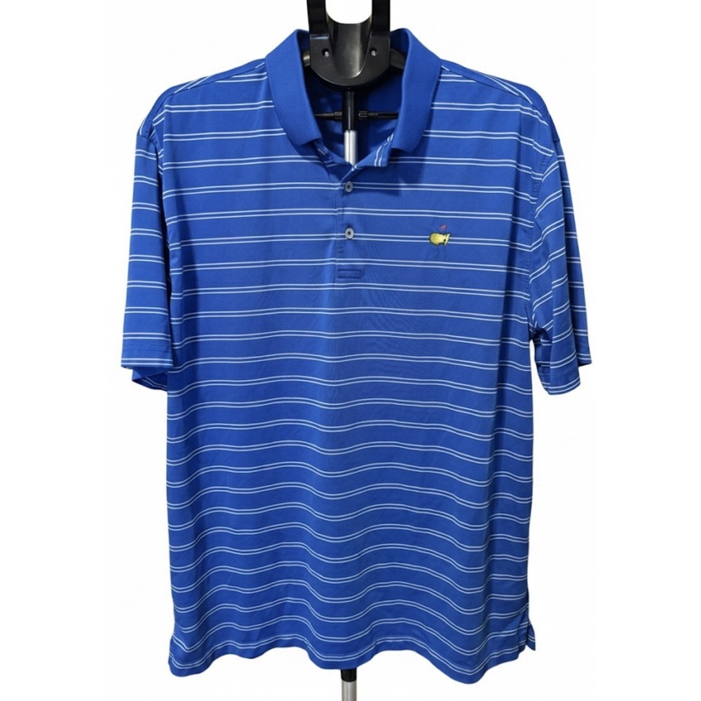 MASTERS TECH Mens XL Blue Striped Golf Core Shirt Short‎ Sleeve Masters Logo